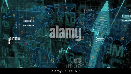 Displaying world map with dynamic line graph and data streams over hex patterns in data dashboard Stock Photo
