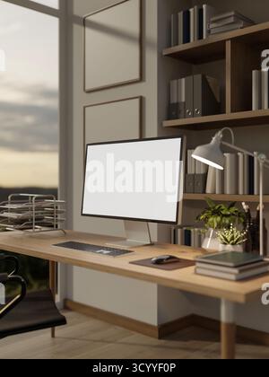 White screen computer on wooden table with books, potted plants and lamp in the study room or bedroom. Study or working, 3D rendering, 3d illustration Stock Photo