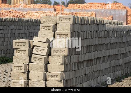 A pile of neatly arranged raw bricks in Brickfield in Bangladesh. Raw bricks made of soil are sun-dried before putting into the furnace. Stock Photo