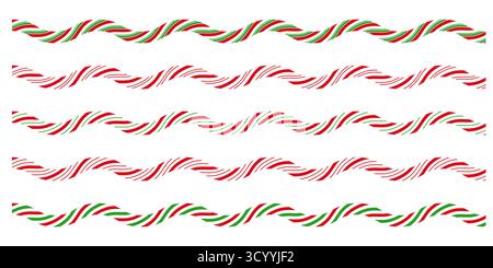 Wavy candy cane striped peppermint borders in festive colors. Winter decoration. Stock Vector