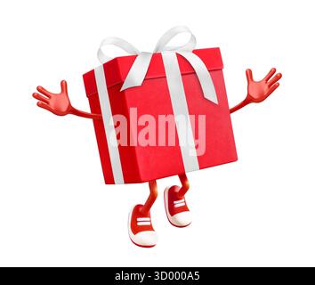 Red gift box character with 3D cartoons arms and legs jumping in happy expression, - perfect for ecommerce, promo, holidays isolated on white Stock Photo