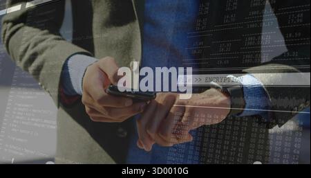 Holding business professional in coat entering encryption key on smartphone at office, code overlay Stock Photo