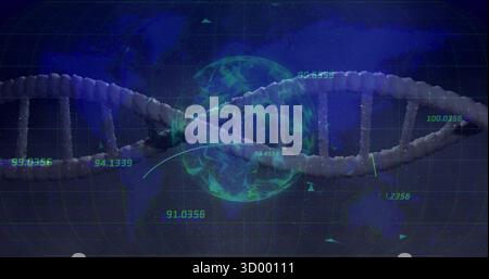 Displaying 3D DNA double helix spanning dashboard with globe network, silhouette grid and numbers Stock Photo