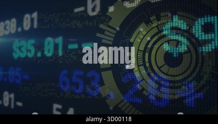 Displaying circular data visualization HUD element on computer display, with glowing numeric values Stock Photo