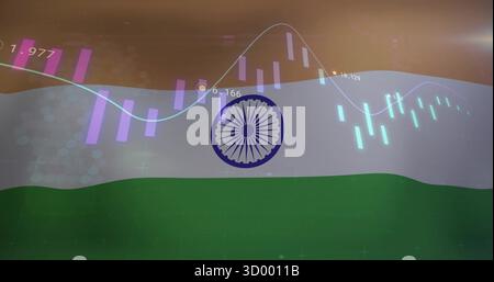 Displaying Indian flag with Ashoka Chakra overlaid purple teal candlesticks and graphs on dashboard Stock Photo