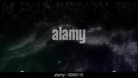 Forming central wave-like binary streams flowing virtual grid, with glowing green code specks Stock Photo