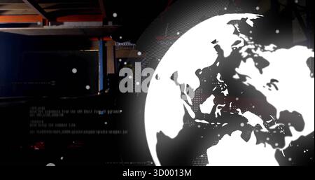 Rotating stylized globe graphic hovering in data center with streaming code, racks, data particles Stock Photo