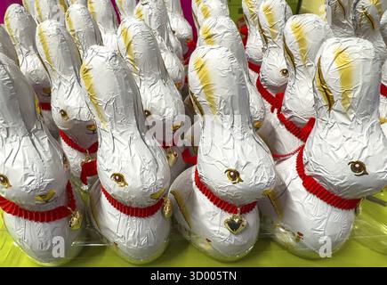 Merci chocolate Easter bunnies on display in the supermarket Merci chocolate Easter bunnies for Easter on display in the supermarket Stock Photo