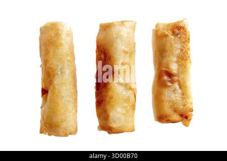 Three deep fried spring rolls isolated on white background Stock Photo