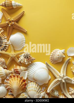 Assorted seashells artfully scattered on a yellow backdrop, showcasing the beauty of marine diversity in a tropical setting. Copy space for advertisin Stock Photo