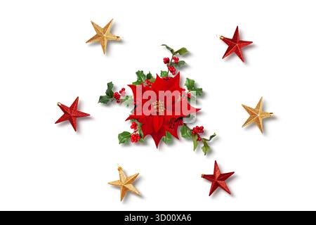 Poinsettia with Red and Gold Stars on White Background Stock Photo