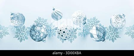 Silver and White Ornaments with Blue Snowflakes on Blue Background Stock Photo