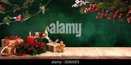 Vintage Christmas Scene with Gifts, Candle, and Decorations Stock Photo