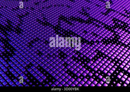 Digital Technology Concept. Abstract Landscape Of Glowing Purple Neon Cubes Forming Geometric Grid Pattern Extreme Closeup. 3d Rendering Stock Photo