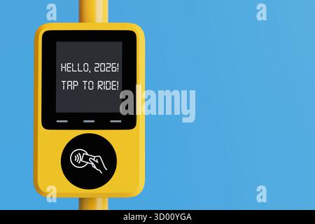 Smart Transport Concept. Yellow Contactless Bus Ticket Validator Displaying Welcome Message For 2026 On Blue Background. 3d Rendering Stock Photo