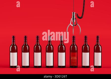 Premium Choice Concept. Red Wine Bottles With One Selected By Claw On Vibrant Red Background. 3d Rendering Stock Photo