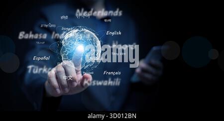 AI translation and globe with world map and international languages, symbolizing digital translating technology, machine learning, and intelligent art Stock Photo