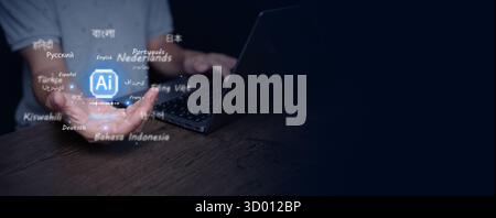 Modern AI translation technology visual with floating languages around hand using laptop, symbolizing multilingual communication, machine learning, an Stock Photo