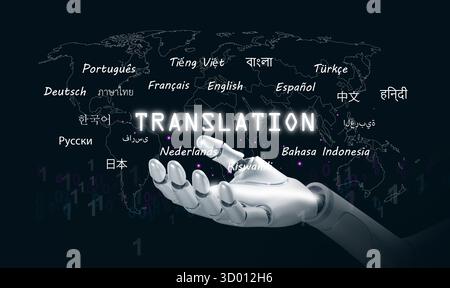 AI translation concept. Robot hand, digital world map, and multilingual texts, representing artificial intelligence, smart translating communication, Stock Photo