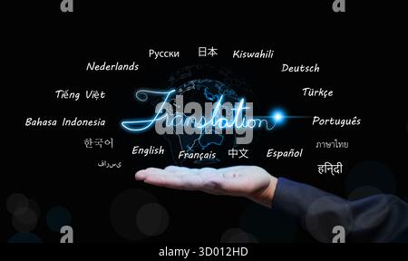 Language translation technology visualization. Translation text and world map, symbolizing language globalization, smart communication network, and tr Stock Photo