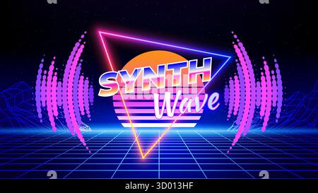 Retro futuristic abstract background. Synthwave 80s style poster. Neon triangle, 3d laser grid, audio signal waveform. Sun, sunset, wireframe mountain Stock Vector
