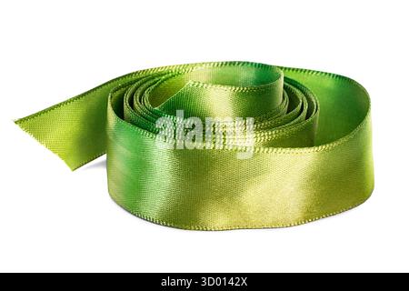 Rolled green satin ribbon isolated on white background Stock Photo