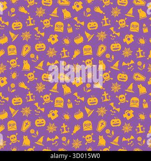 Cute Halloween seamless pattern on purple background. Vector illustration. Stock Vector
