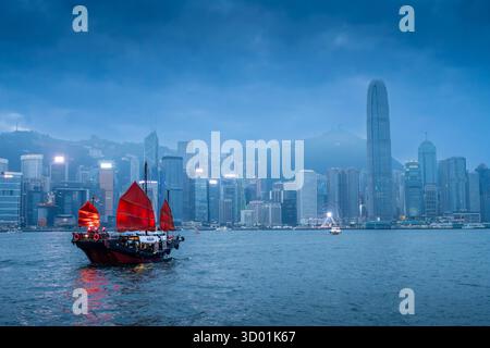 China, Hong Kong, view from Kowloon over Central District, Victoria Harbour with a junk Stock Photo