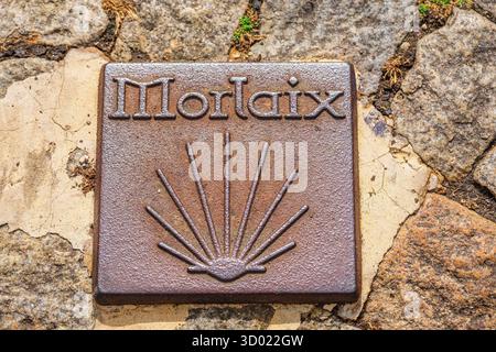 France, Finistere, Morlaix, marking of the Way to Santiago de Compostela, Locquirec or Mogueriec Way Stock Photo