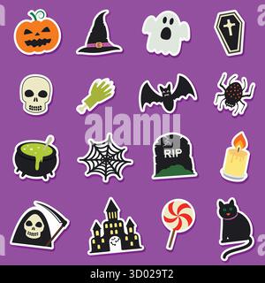 Halloween stickers set. Spooky cartoon elements. Halloween characters and attributes in flat style. Vector illustration. Stock Vector