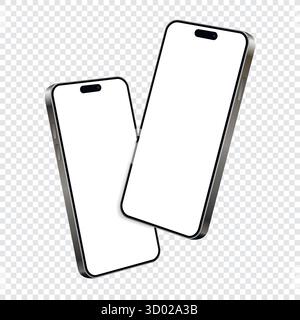 Two smartphones mockup with blank screens while levitating in the air on transparency grid layer. Vector illustration. Stock Vector