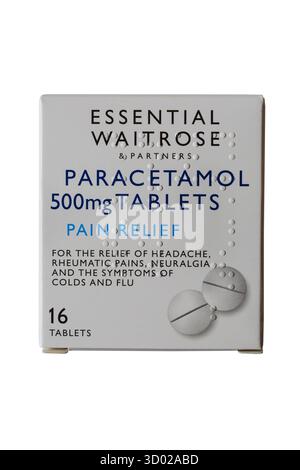 Pack of Paracetamol 500mg tablets Essential Waitrose isolated on white background 16 tablets Stock Photo