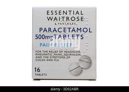 Pack of Paracetamol 500mg tablets Essential Waitrose isolated on white background 16 tablets Stock Photo