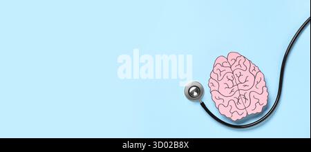 Paper human brain and stethoscope on blue background with space for text Stock Photo
