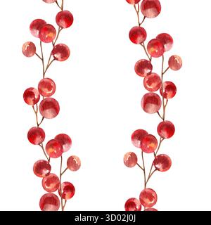 Christmas festive seamless pattern with red berries stem watercolor illustration. Hand drawn New Year festive background with floral elements for gift Stock Photo