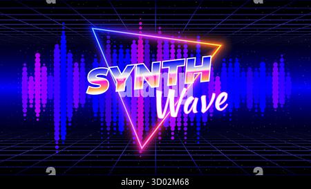 Retro futuristic abstract background. Synthwave 80s style poster. Music template. Neon triangle, 3d laser grid, audio signal waveform. Wireframe, mesh Stock Vector