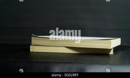 Two stacked books isolated on black background, minimal still life with classic academic tone and dramatic contrast in simple studio lighting Stock Photo