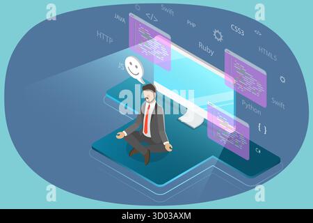3D Isometric Flat Illustration of Coder, Software Developer 3D Isometric Flat Illustration of Coder, Software Developer Stock Photo