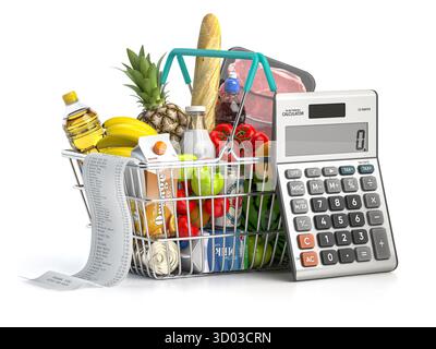 Shopping cbasket full of grocery food with receipt and calculator isolated on white. Home budget, savings, inflation and consumerism concept. 3d illustration Stock Photo