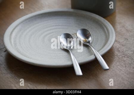 A close-up view of a ceramic plate featuring a minimalist design with two silver spoons laid on its surface, creating an elegant and refined dining scene. Stock Photo
