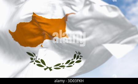 Cyprus national flag waving on a clear day. White flag with two olive branches under the dark orange map of the whole island. 3d illustration render. Fluttering fabric. Close-up. Selective focus Stock Photo