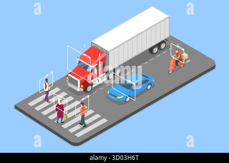 3D Isometric Flat Illustration of Vehicle Recognition, Artificial Intelligence Technology Stock Photo