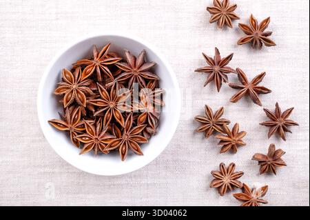 Star anise seeds, fruits and seeds, in a white bowl on linen. Star shaped fruits of Illicium verum, also known as badian, and as star aniseed. Stock Photo