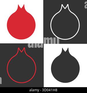 Set of four garnet fruit line icons in red, white, and black. The minimalist design highlights the shape and features of the fruit, perfect for graphic design projects. Stock Vector
