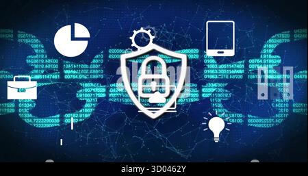 Floating white shield with padlock icon over blue network, with streaming green code and six icons Stock Photo