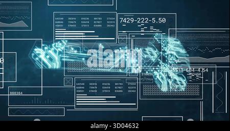 Animating holographic circuit patterns in virtual interface, with data panels and numeric readouts Stock Photo