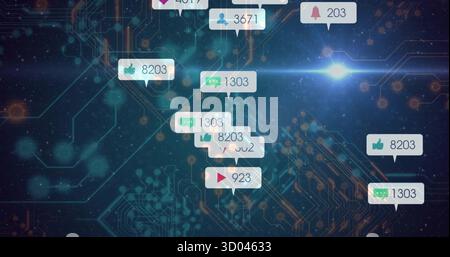 Displaying notification bubbles on circuit board showing icons with counts 8203 1303 923 3671 203 Stock Photo