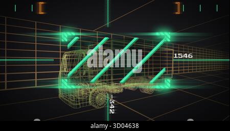 Rendering wireframe cargo truck within 3D grid, with neon green slanted bars, numeric overlays Stock Photo
