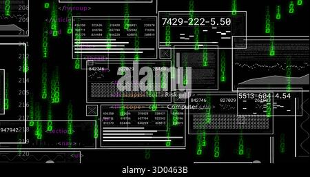 Displaying code panels with HTML-like tags in virtual interface, with cascading green binary digits Stock Photo