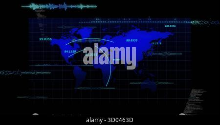 Displaying world map with grid highlighting connection arcs and metrics on data-streaming monitor Stock Photo